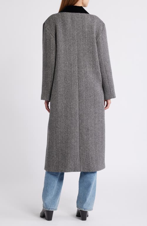 Frame Herringbone Wool Blend Longline Coat In Black Multi