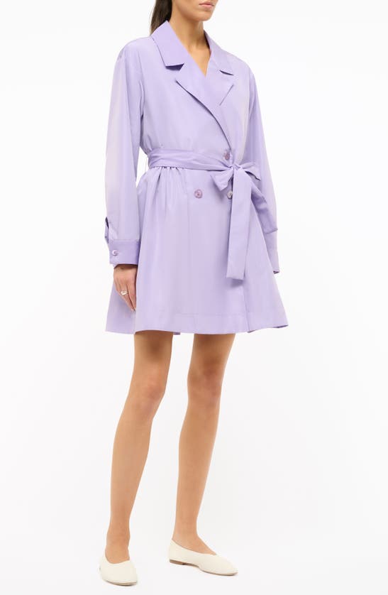 Shop Staud Double Breasted Tie Waist Long Sleeve Trench Dress In Lilac