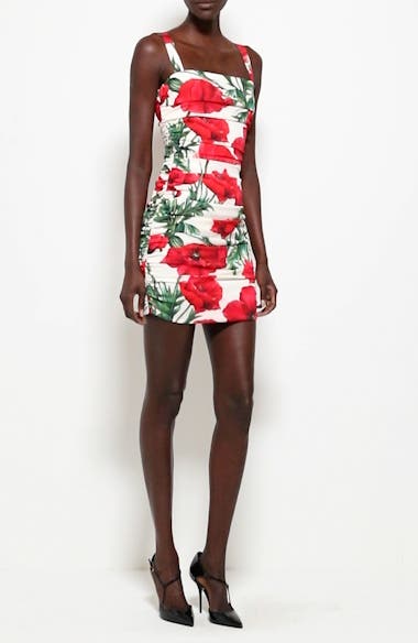 Dolce&Gabbana Poppy Print Ruched Stretch Silk Charmeuse Dress | Nordstrom