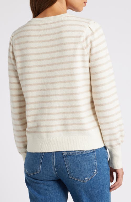 Shop Caslonr Caslon(r) Puff Sleeve Cotton Blend Crewneck Sweater In Ivory- Tan Heather Stripe