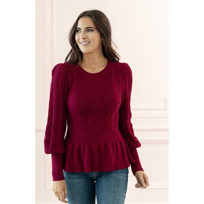 Rachel Parcell Cable Bobble Peplum Cotton Blend Sweater, Burgundy (Nordstrom Exclusive)