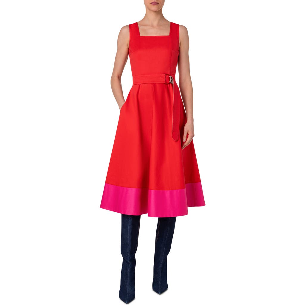 Akris Punto Cotton Poplin Colorblock Midi Dress With Belted Waist In Red-pink