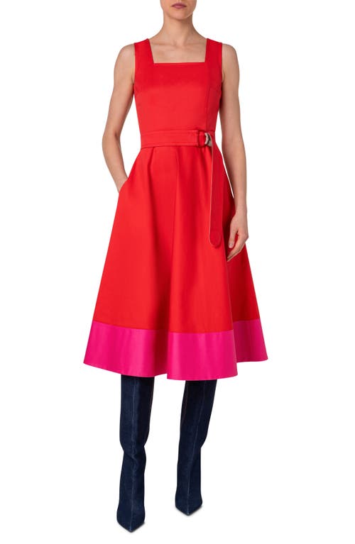 Akris Punto Cotton Poplin Colorblock Midi Dress With Belted Waist In Red-pink