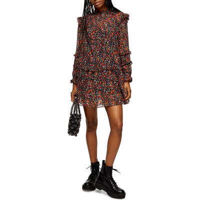 Topshop Long Sleeve Ditsy Floral Minidress, US (fits like 0) - Black