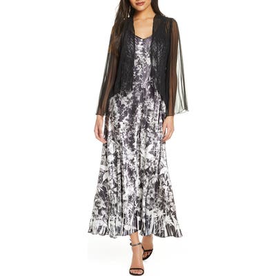 Petite Komarov Floral Charmeuse & Chiffon Maxi Dress & Jacket, Black