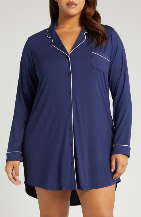  Loungewear For Women Button Down Nightshirt Dress Long  Sleeve Sleep Chemise Blue Small