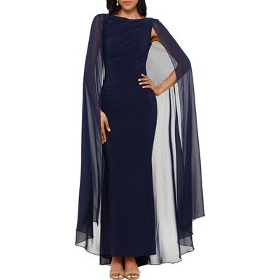 Betsy & Adam Ruched Trumpet Gown With Chiffon Cape, Blue