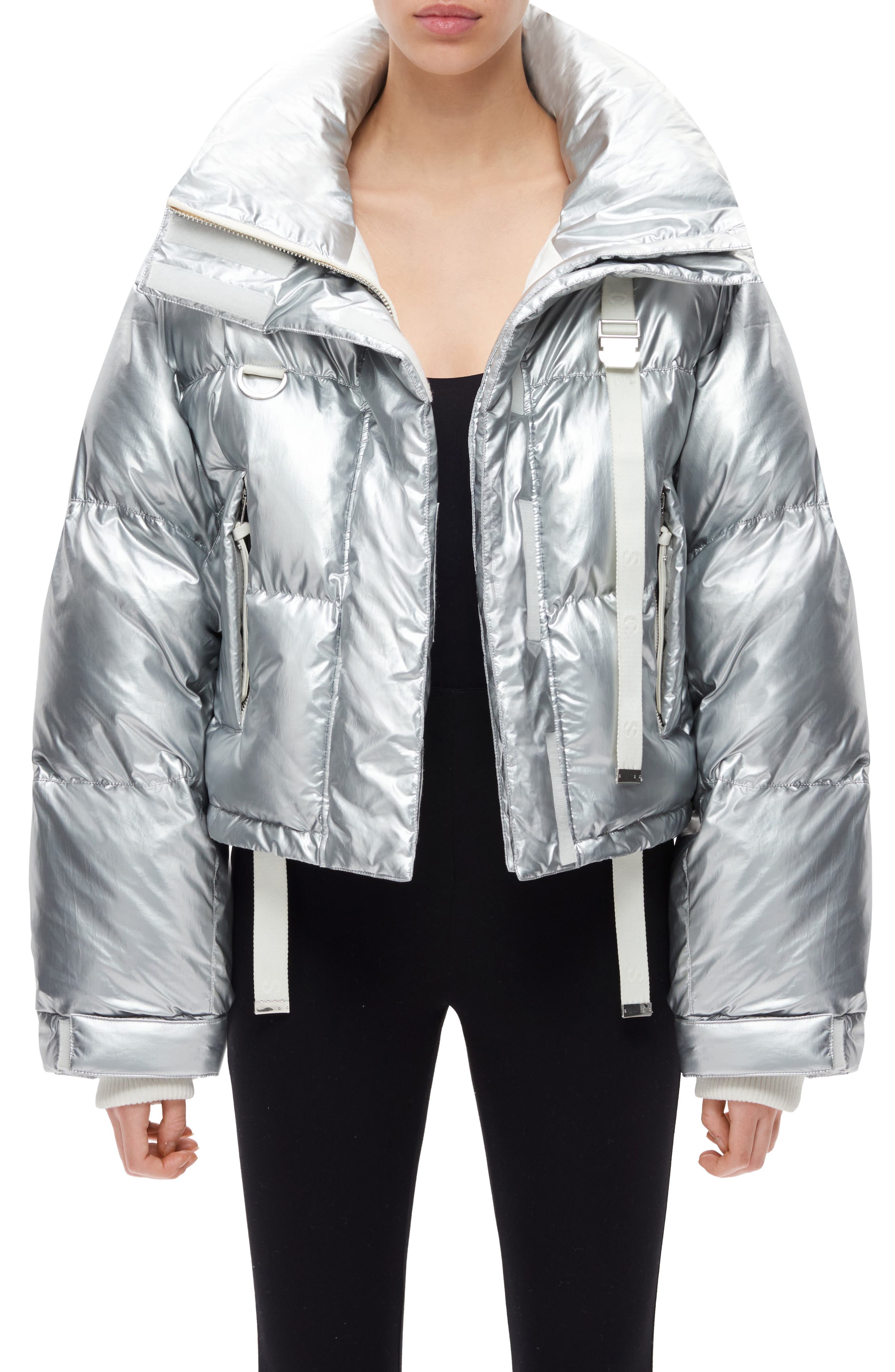 metallic silver puffer coat