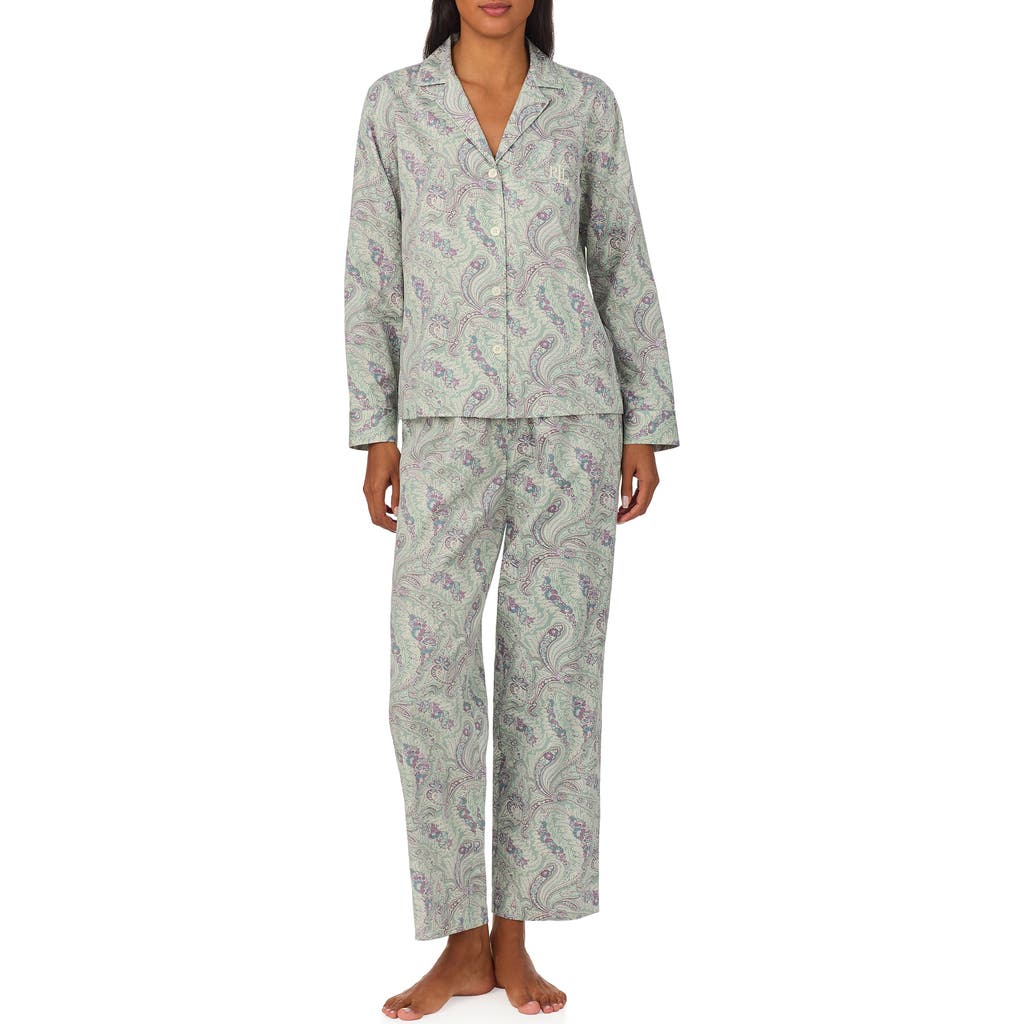 Ralph Lauren Women's 2-pc. Long-sleeve Notch-collar Long Pants Pajama Set In Sage Print