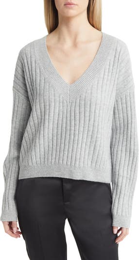 Grey Slouchy V Neck Ribbed Longline Jumper