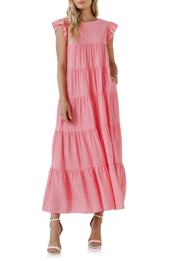 English Factory Flutter Sleeve Colorblock Cotton Midi Dress In Rose