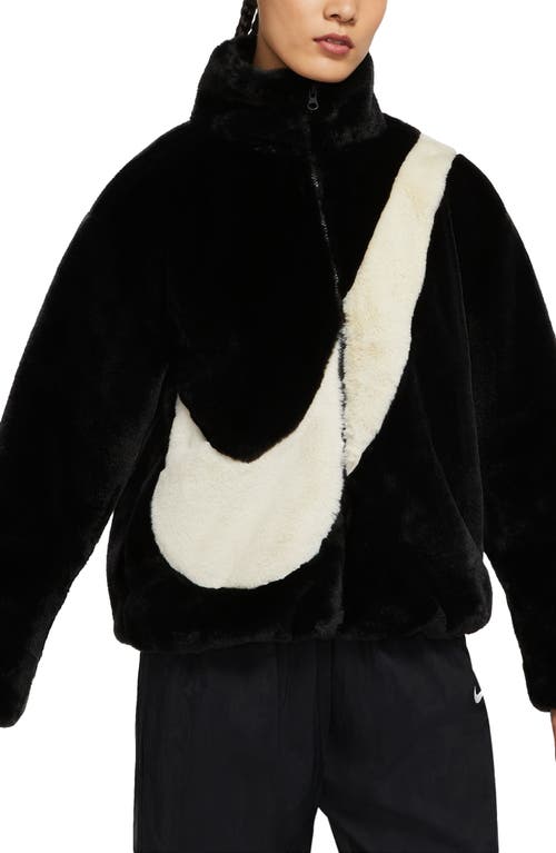 Sportswear Faux Fur Swoosh Jacket in Black/Fossil