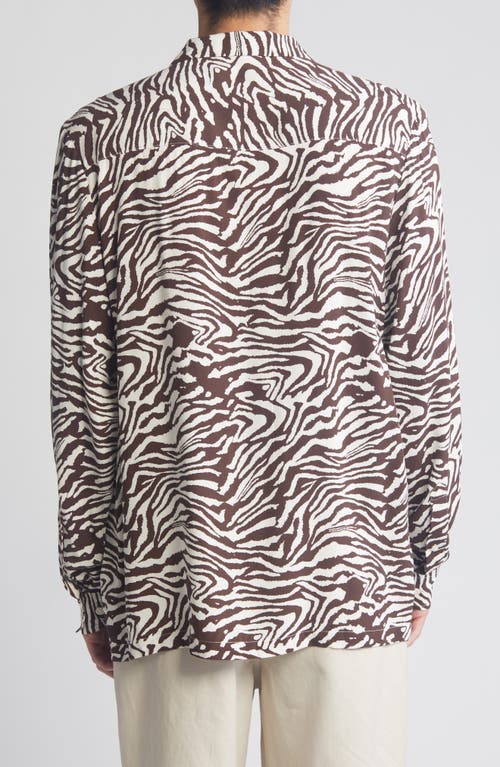 Shop Asos Design Zebra Print Relaxed Long Sleeve Camp Shirt In Brown