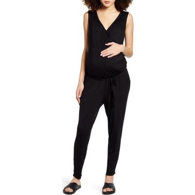 Fourteenth Place Belted Jersey Maternity Jumpsuit, Black