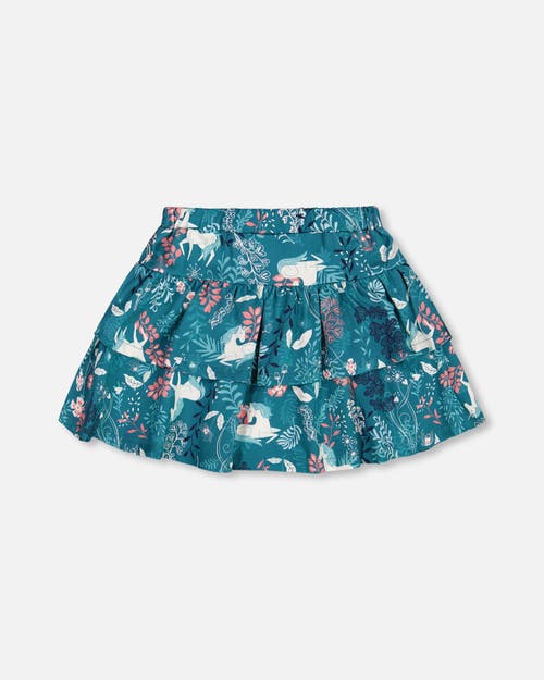 Shop Deux Par Deux Girl's Printed Flare Viscose Skirt Turquoise Printed Fairy Unicorn In Unicorn In The Fields