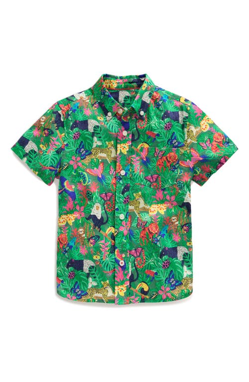 Mini Boden Kids' Tropical Print Short Sleeve Linen & Cotton Button-down Shirt In Tropical Rainforest