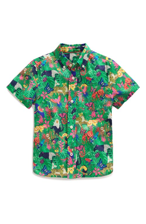 Mini Boden Kids' Tropical Print Short Sleeve Linen & Cotton Button-Down Shirt Rainforest at Nordstrom,