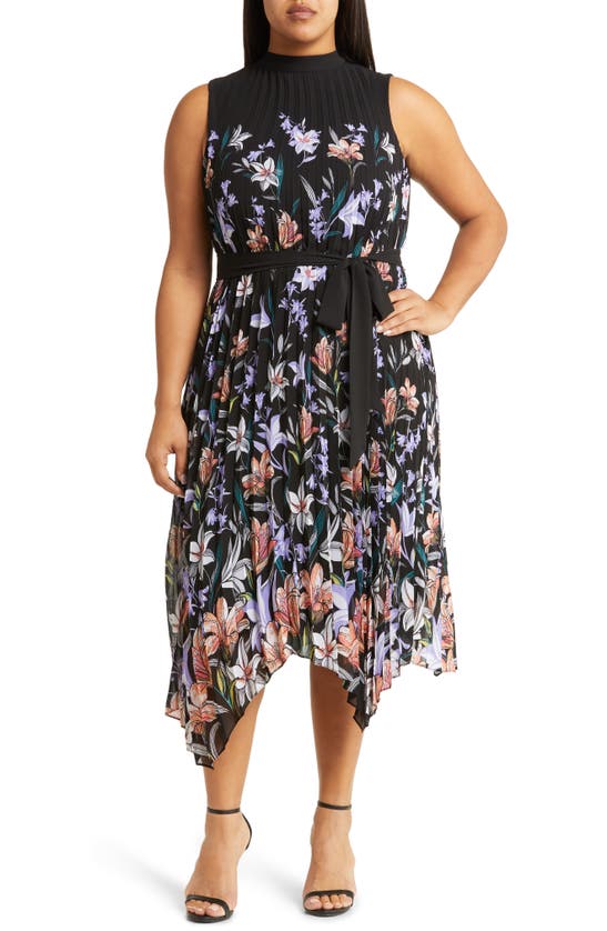 Tahari Petite Floral-print Pleated Midi Dress In Black/peach | ModeSens