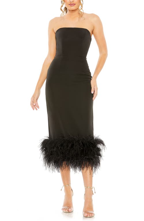 Ieena for Mac Duggal Feather Trim Strapless Column Midi Dress Black at Nordstrom,