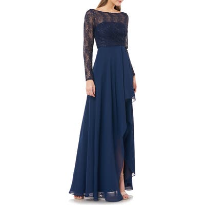Carmen Marc Valvo Infusion Sequin Lace & Chiffon Long Sleeve Gown, Blue