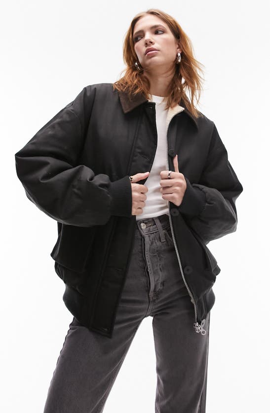 TOPSHOP HERITAGE OVERSIZE CROP WAXED COTTON JACKET WITH FAUX SHEARLING LINING