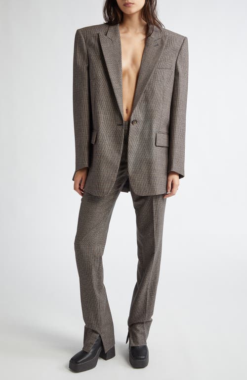 Shop Stella Mccartney Slim Fit Check Split Hem Wool Pants In Camel/grey