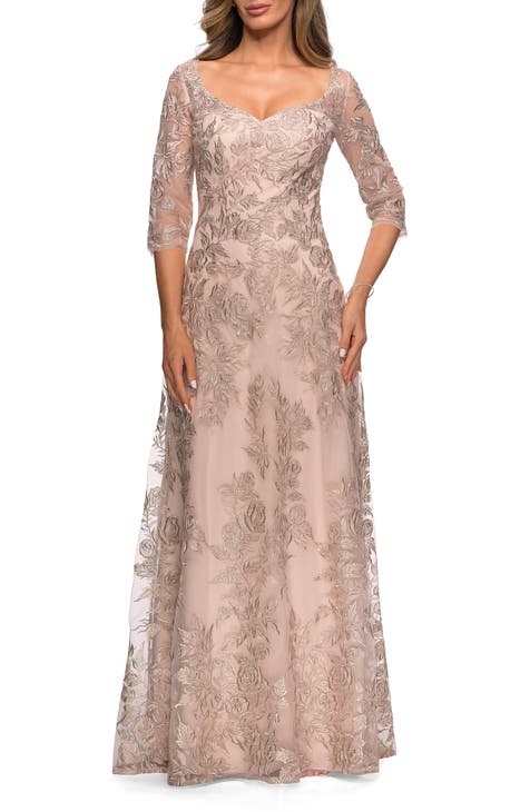 Floral Embroidered Mesh A-Line Gown
