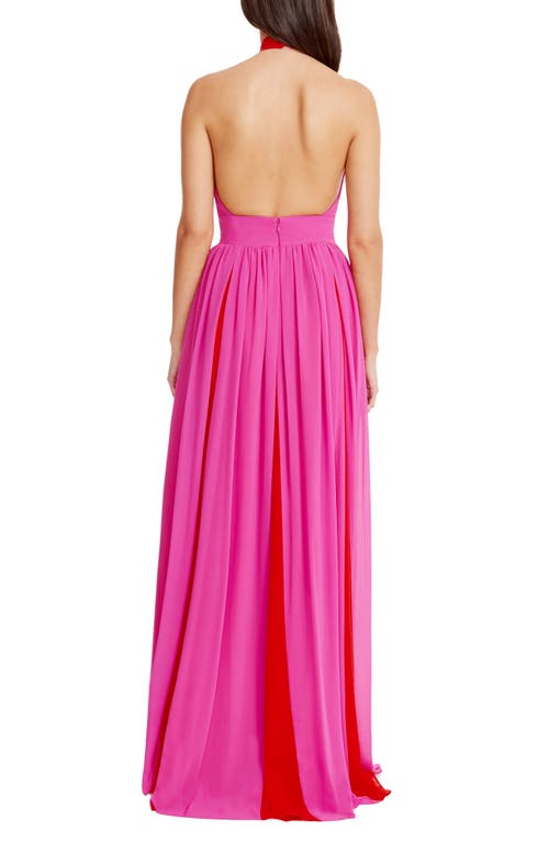 Shop Dress The Population Meg Two-tone Halter Gown In Bright Fuchsia-poppy