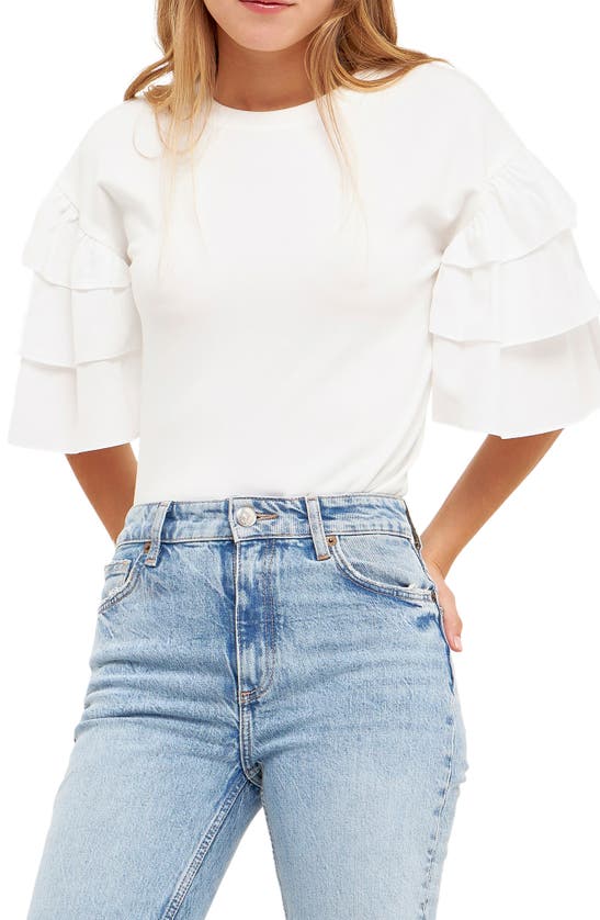 English Factory Layered Ruffle Sleeve Top In White