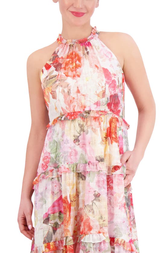 Shop Vince Camuto Floral Metallic Stripe High-low Tiered Midi Dress In Pink
