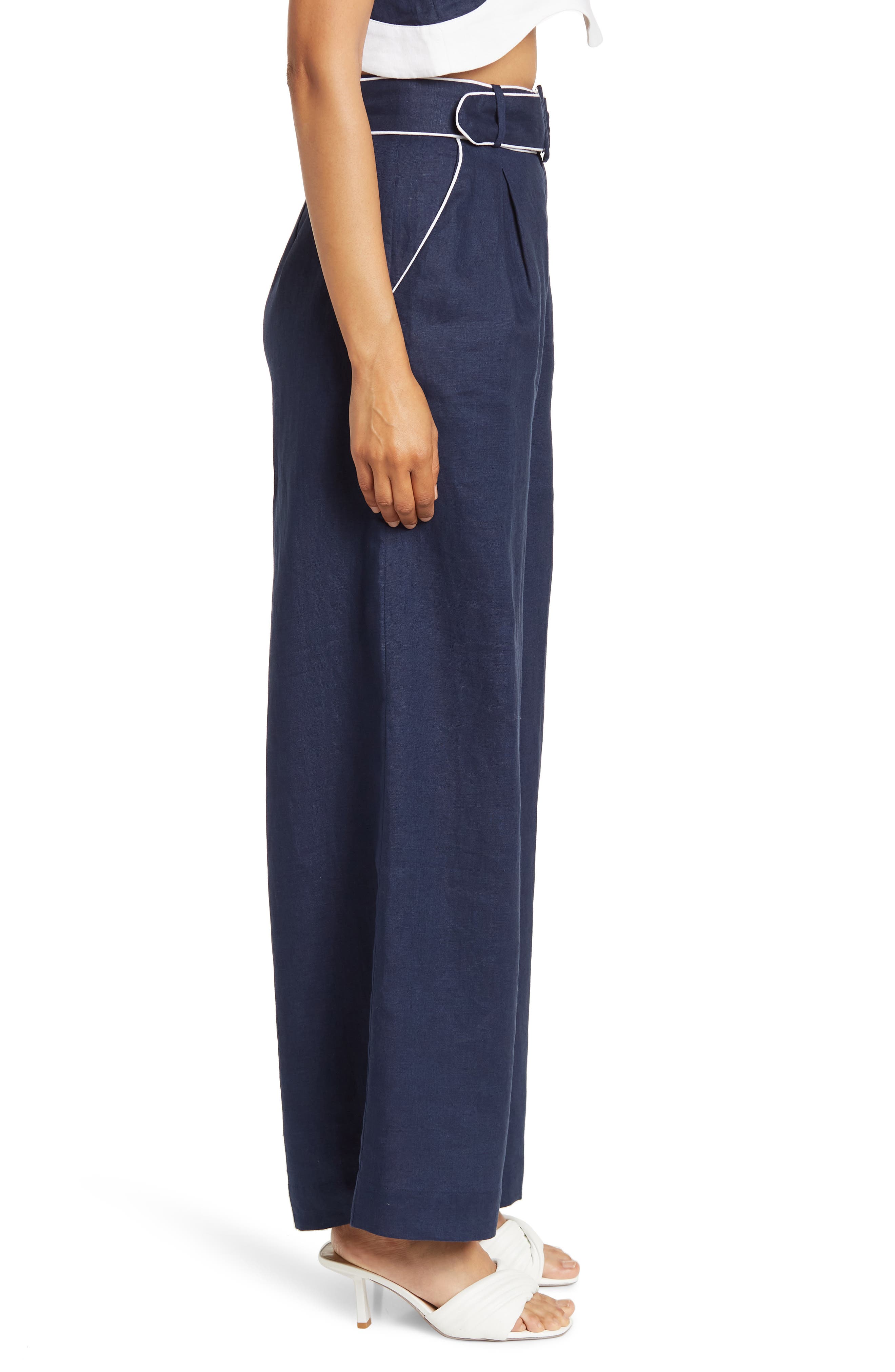 STAUD Eris Belted Wide Leg Linen Pants 