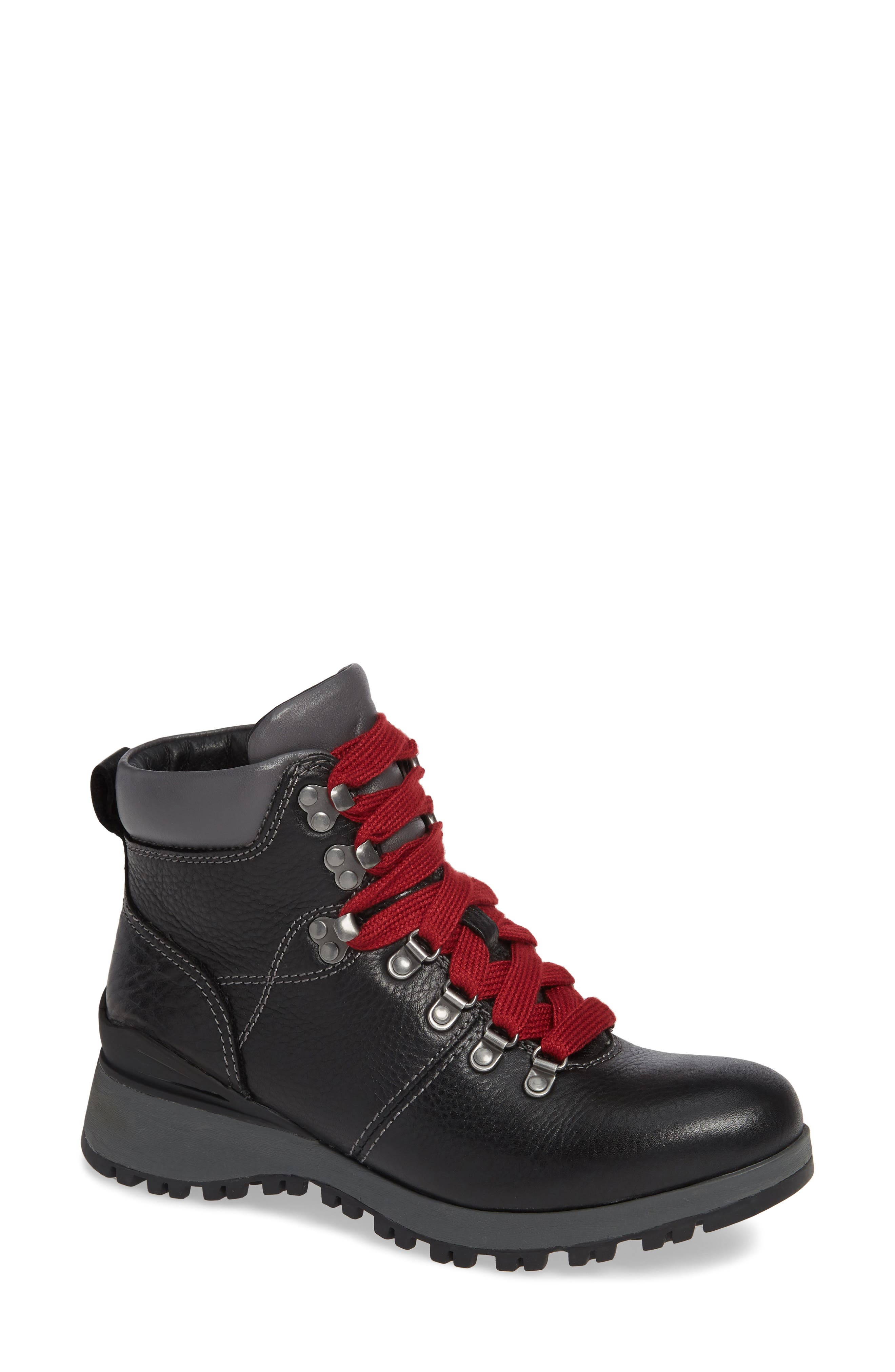 black hiking boots with red laces