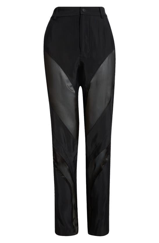 Mugler High Waist Sheer Detail Tapered Leg Pants In Black/ Black