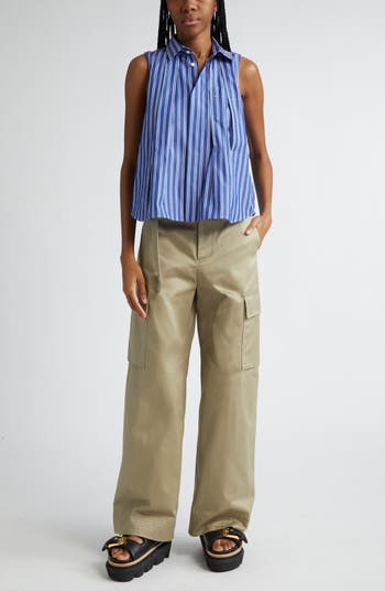 Belted Wide Leg Cotton Gabardine Cargo Pants