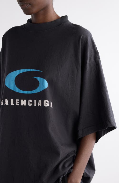 Shop Balenciaga Logo Oversize Distressed Cotton Graphic T-shirt In Washed Black/blue