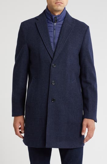 Shop English Laundry Wool Blend Plaid Coat With Bib In Blue