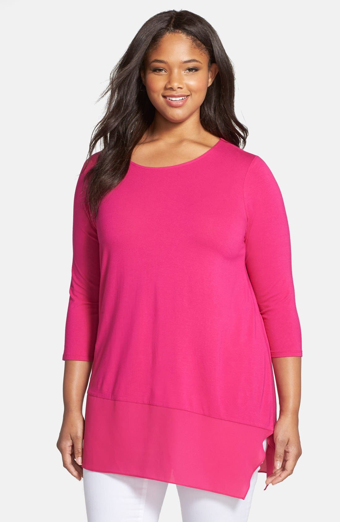 Vince Camuto Asymmetrical Hem Mixed Media Top (Plus Size) Nordstrom