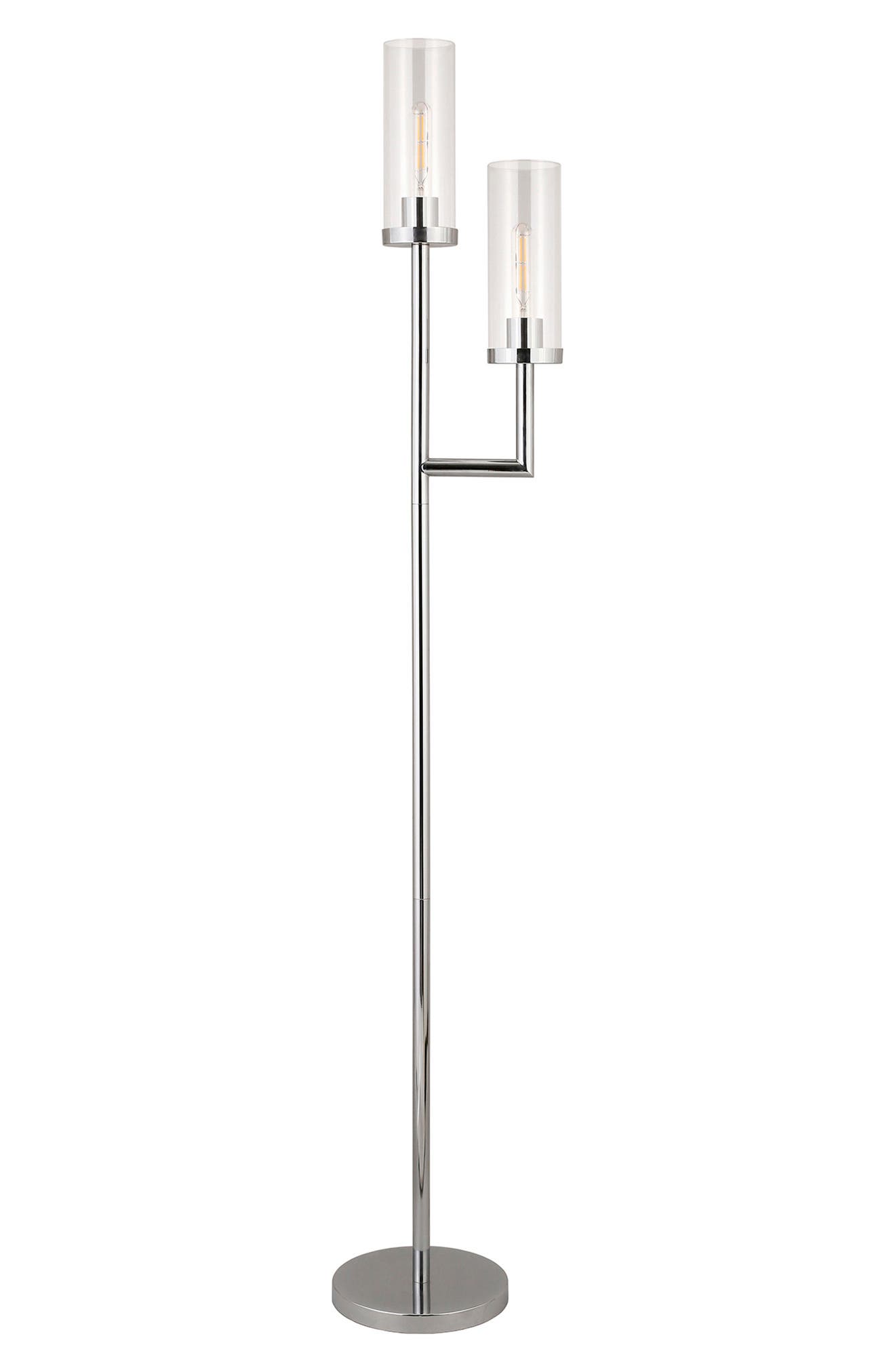 HUDSON & CANAL BASSO POLISHED NICKEL 2-LIGHT TORCHIERE FLOOR LAMP WITH CLEAR GLASS SHADES,810325034358