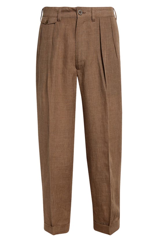 Shop Beams Pleated Tapered Leg Linen Blend Pants In Brown