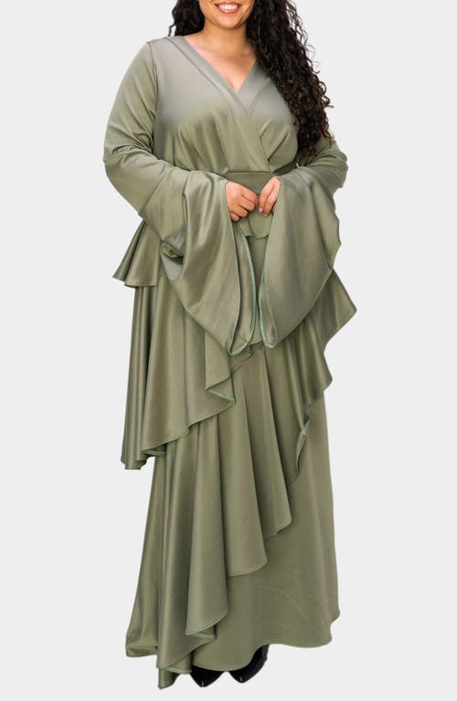 L I V D Zeta Ruffled Long Sleeve Drama Dress In Dk Sage