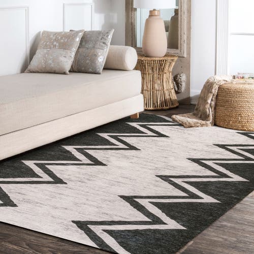 Shop Jonathan Y Siksak Modern Chevron Border Machine-washable Area Rug In Ivory/navy