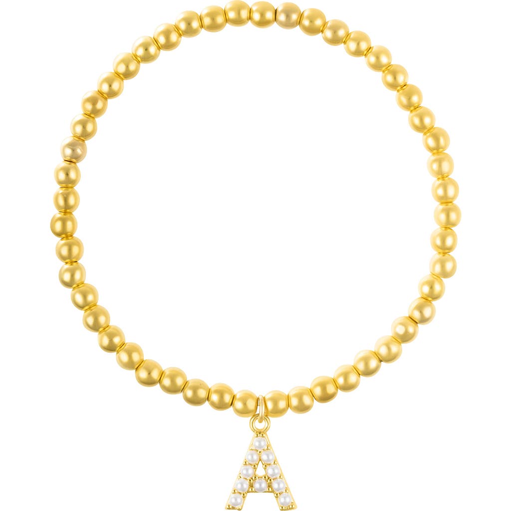 Adornia Faux Pearl Initial Charm Beaded Bracelet In Gold White-a