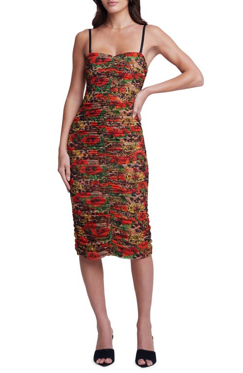 L'AGENCE Caprice Floral Ruched Dress in Burnt Red Multi Rose Leopard