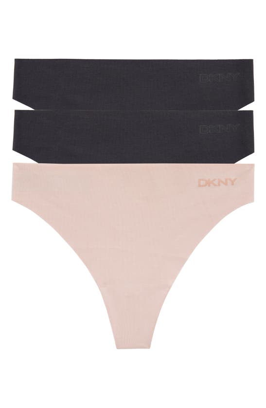 Dkny 3-pack Bonded Cotton Thong In Black/ Pink