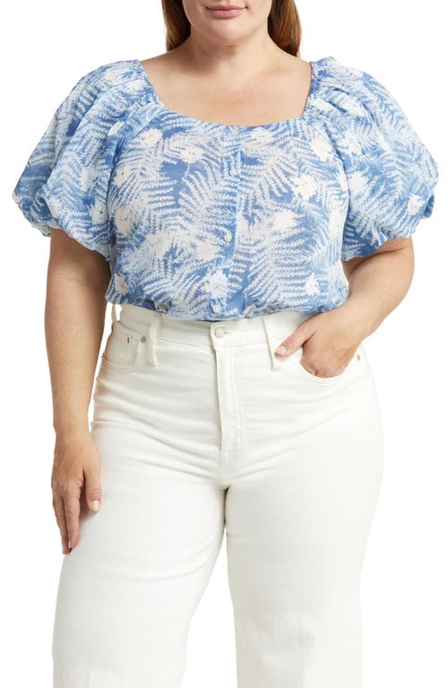 caslon(r) Puff Sleeve Front Button Organic Cotton Top in Blue Moonlight Floral Ferns