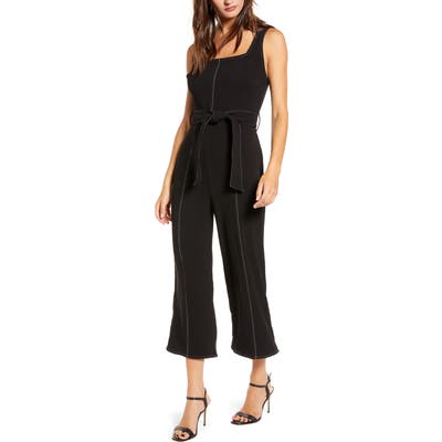 All In Favor Topstitch Tie Front Sleeveless Jumpsuit, Black