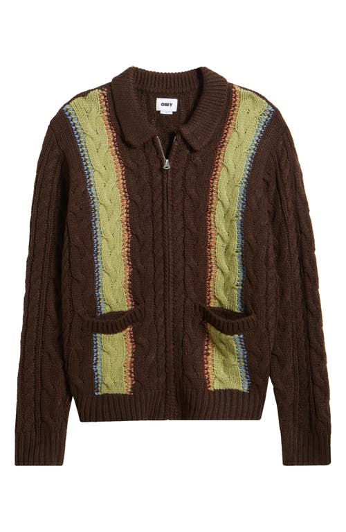 Shop Obey Ezra Cabled Zip Cardigan In Dark Brown Multi