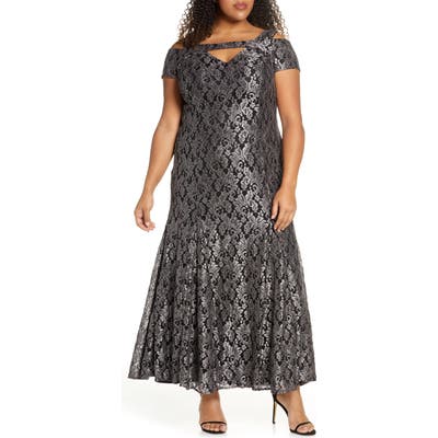 Plus Size Morgan & Co. Lace Cold Shoulder Trumpet Gown, Grey