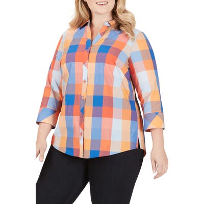 Plus Size Foxcroft Mary Fiesta Buffalo Plaid Cotton Blend Poplin Shirt, Blue