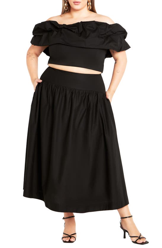 City Chic Kaia Off The Shoulder Crop Top & Maxi Skirt In Black